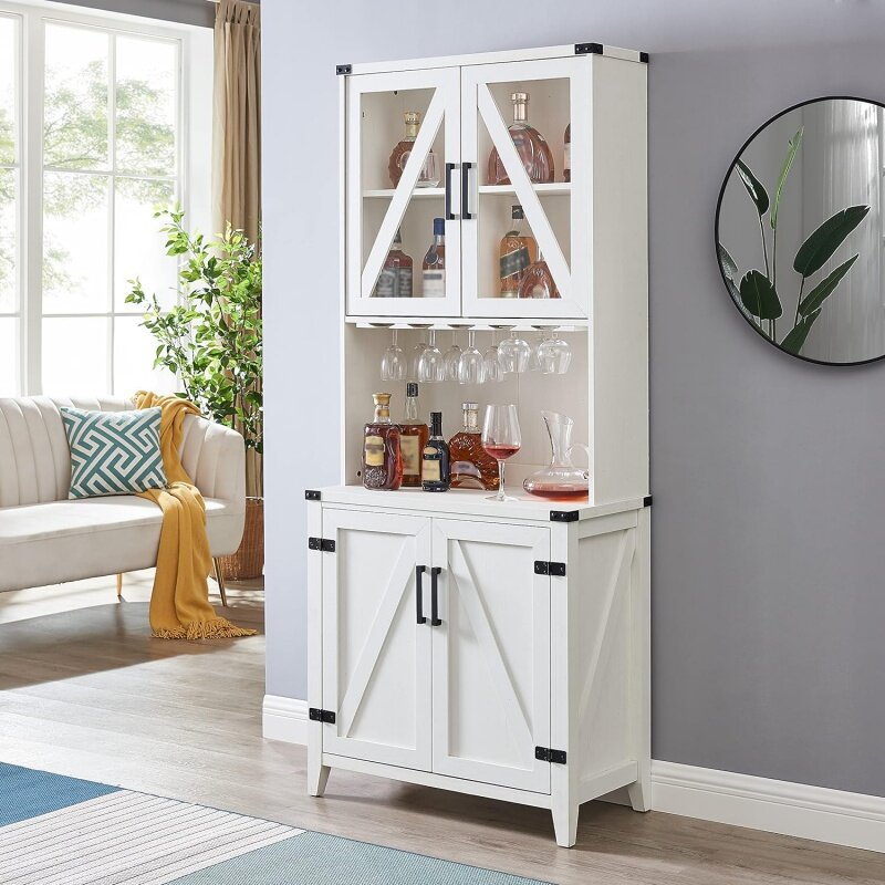 Home Source 72" Tall Wood Kitchen Storage cabinets with Doors, Transparent Glass Doors, Wine Cup Holder, Liquor Shelves Large St
