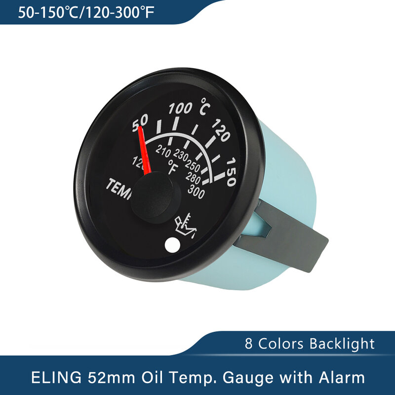 Medidor de temperatura do óleo impermeável, 52mm medidor, 50-150 ℃, com 8 cores de luz de fundo, alarme de luz para barco, carro, iate, universal