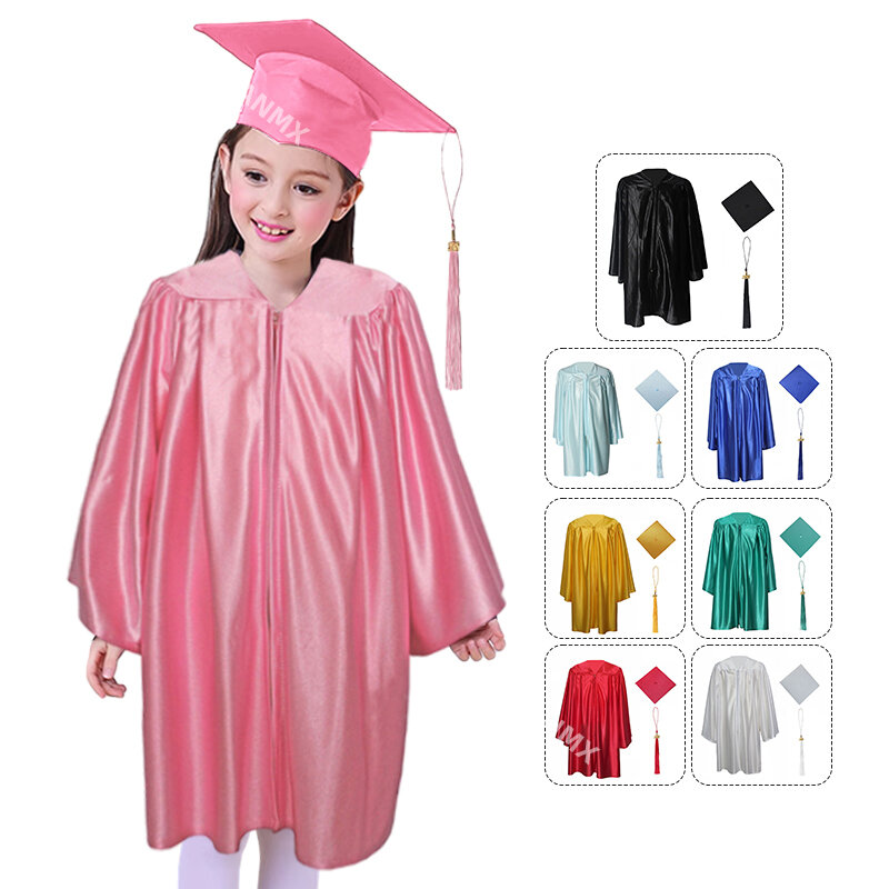 91-138cm Kinder Abschluss kostüm Kindergarten Junggesellen kleid Akademie uniform Junge Mädchen Fotografie Leistung Robe Hut Set