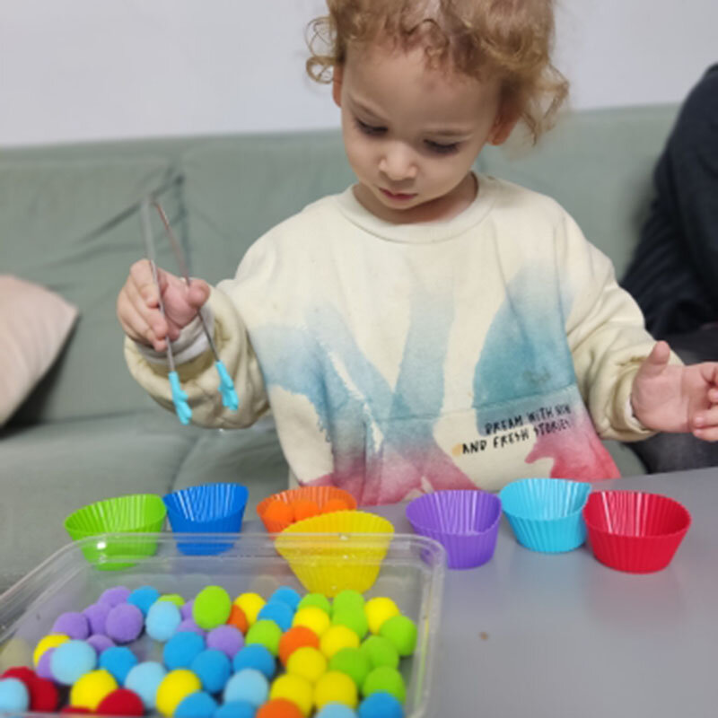 Pompones de conteo de arcoíris para niños, taza de clasificación, juguetes sensoriales Montessori, actividades de aprendizaje preescolar, juguetes de matemáticas