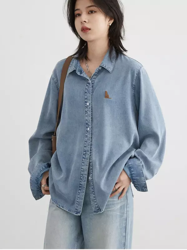 CHIC VEN-Camisa jeans bordada para mulheres, manga comprida, de peito único, blusas soltas femininas, casual, para primavera e verão, nova, 2024