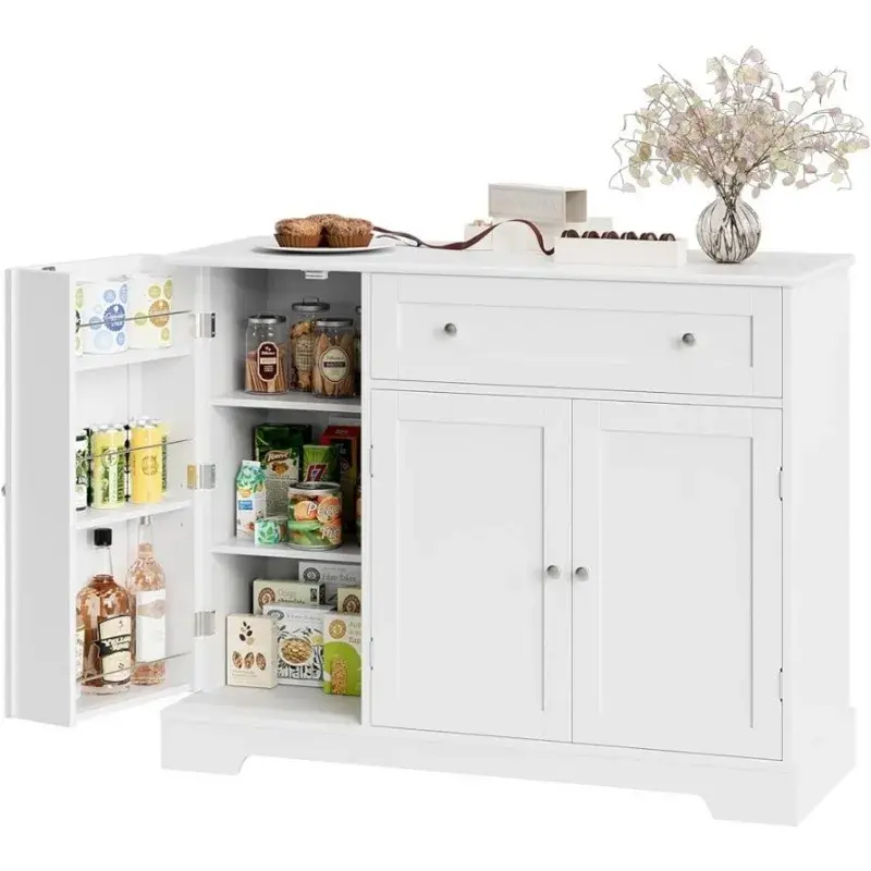 Mobile Buffet con contenitore, armadietto da cucina in legno per Bar con cassetto e ripiano regolabile, bianco