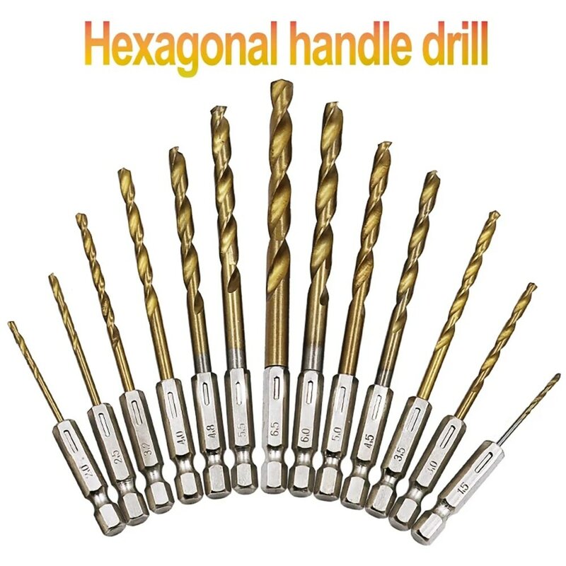 1pc HSS High Speed Steel Titanium Coated Drill Bit 1/4 Hex Shank 1.5-6.5mm Hexagonal Handle Twisted Drill Bit 1/4 Hex Shank Tool