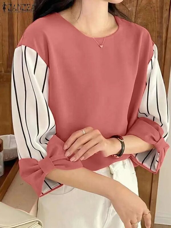 ZANZEA Women Stripe Stitching Hoodies Fashion 3/4 Sleeve Top Casual Loose Knitted Pullover Korean O-neck Bowknot Cuff Sweatshirt