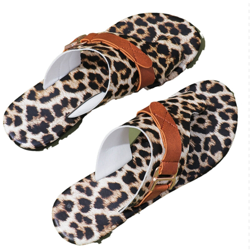 Leopard sandal wanita, musim panas, sepatu datar wanita, mode, sandal jepit kasual, pantai, nyaman, Musim Panas 2024