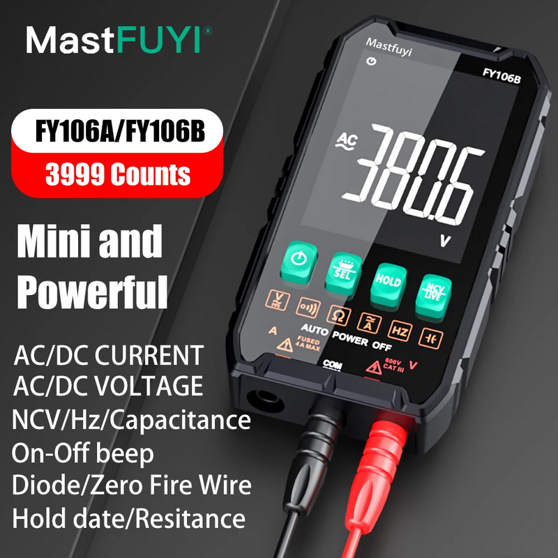 MASTFUYI-Mini Multímetro Digital, Tester Eletricista Inteligente, Multímetro Profissional, DC, AC Capacitância de Tensão, Ohm, Hz, NCV