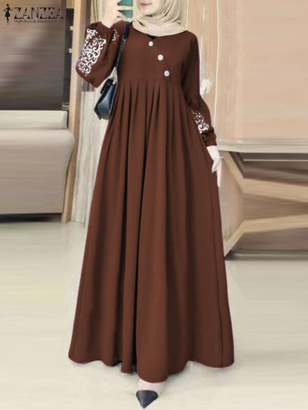 Модное мусульманское платье ZANZEA Eid Mubarek, женский элегантный сарафан с принтом, платье с длинным рукавом и воротником, винтажное женское платье большого размера