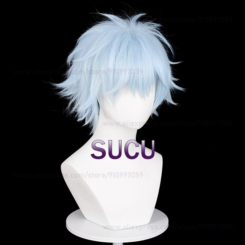 Peluca de Cosplay de Anime Okazaki Shinichi, pelo azul claro, pelucas sintéticas resistentes al calor para Halloween, gorro de peluca, 30cm