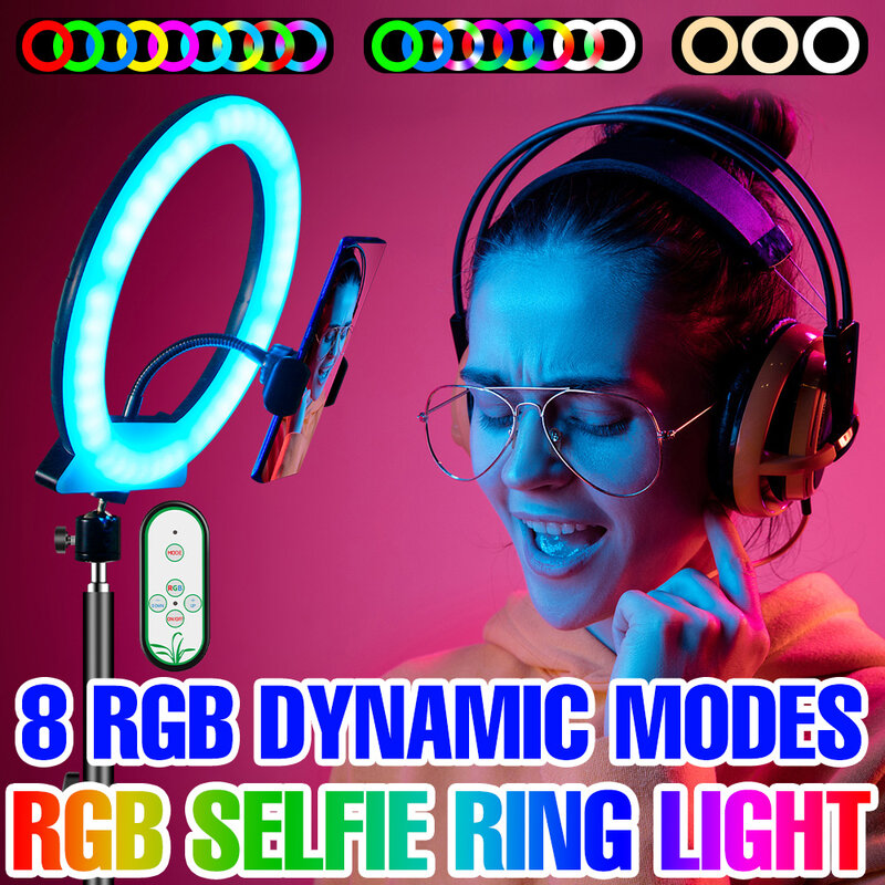 Anneau lumineux LED RGB pour Selfie, éclairage annulaire de photographie professionnelle, ampoule colorée avec support trépied