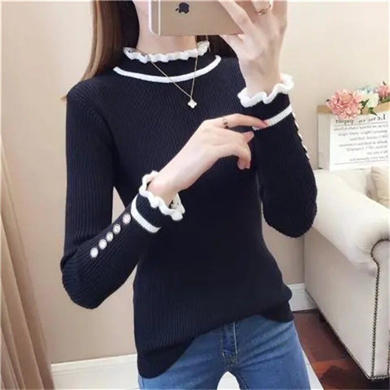 2023 New Vintage Pull Femme Stand Neck Fungus Edge Contrast Color Patchwork Jumpers Long Sleeve Chic Buttons Sweater