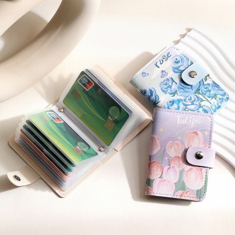 Tarjetero de piel sintética con patrón de flores para niñas y adolescentes, estuche impermeable para tarjetas múltiples, alta calidad