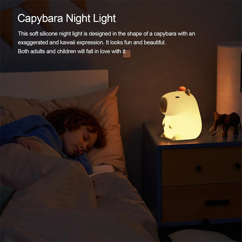 Silicone Capybara Night Lights Portable USB Rechargeable Animal Touch Control Lamp with Timing Function for Home Bedroom Decor