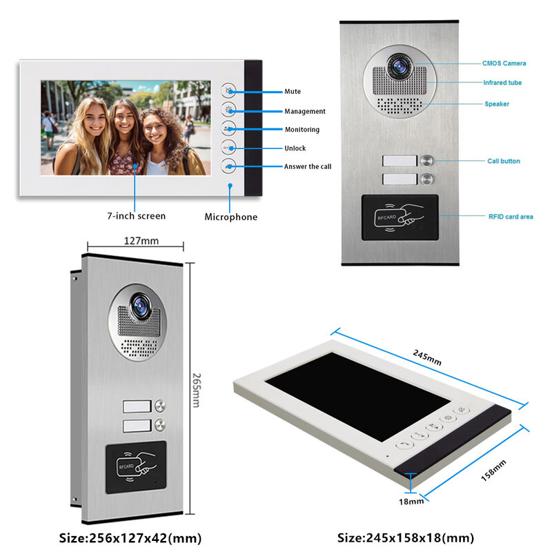 6/4/3/2 Unit bel pintu Video interkom untuk apartemen 7 inci Monitor sistem interkom untuk Video rumah pintu telepon kartu kontrol akses