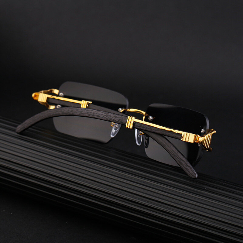 New Square Frameless INS Men's Sunglasses Imitation Wood Grain Sunglasses Fashion Women's Advanced Sunshade Mirror Flat Mirror