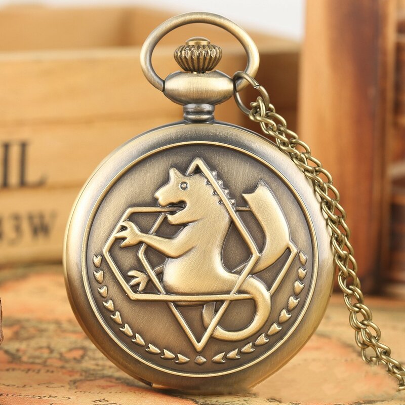 Bronze alchemy seahorse anime pocket watch student sweater chain watch embossed quartz vintage steampunk jewelry necklace gifts