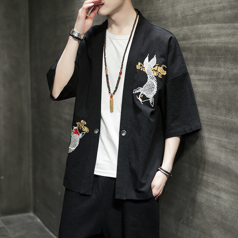Quimono de linho para homens, cardigã japonês masculino, Yukata Haori, roupas finas de samurai, jaqueta tradicional de streetwear