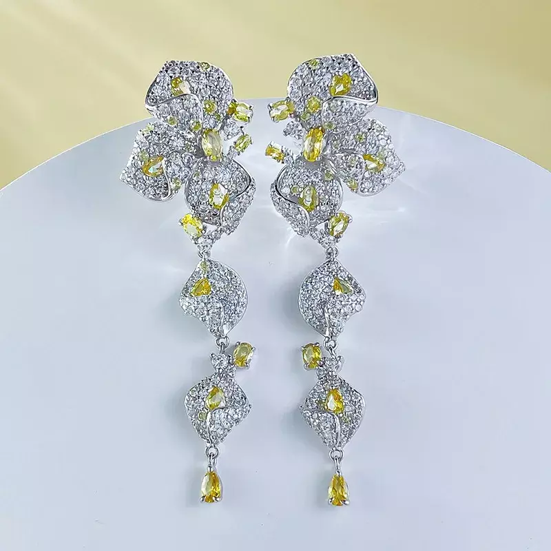 2024 S925 Silver New Rhododendron Earrings Luxuriously Set with 3 * 5mm Yellow Diamonds, Elegant and Elegant Style Wedding