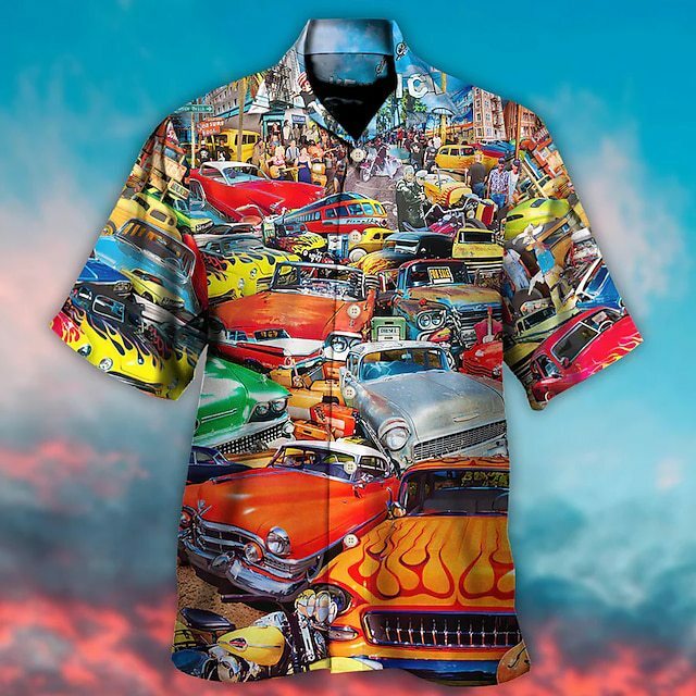 남녀공용 빈티지 자동차 3D 프린트 셔츠, 남녀공용 하와이 셔츠, 해변 반팔, 오버사이즈 블라우스, 라펠 셔츠, 쿠바 패션