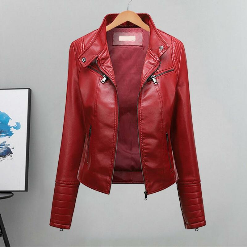Artificial Leather Jacket Women Faux Leather Jacket Stylish Women's Slim Fit Faux Leather Biker Jacket with Stand Collar for A