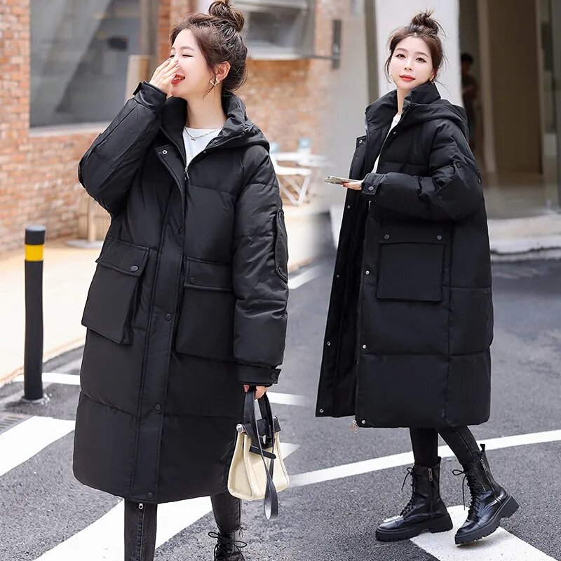 2023 Winter Korean Fashion Hooded Down Cotton Jacket Women's Parkas New Loose Long Warm Thicken Windproof Outwear Parka Overcoat