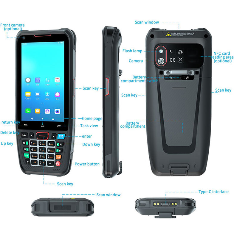 เครื่องสแกนบาร์โค้ด PDA แบบทนทานระบบแอนดรอยด์10เครื่องเก็บข้อมูลมือถือเทอร์มินัล3G RAM 32G รอม32G