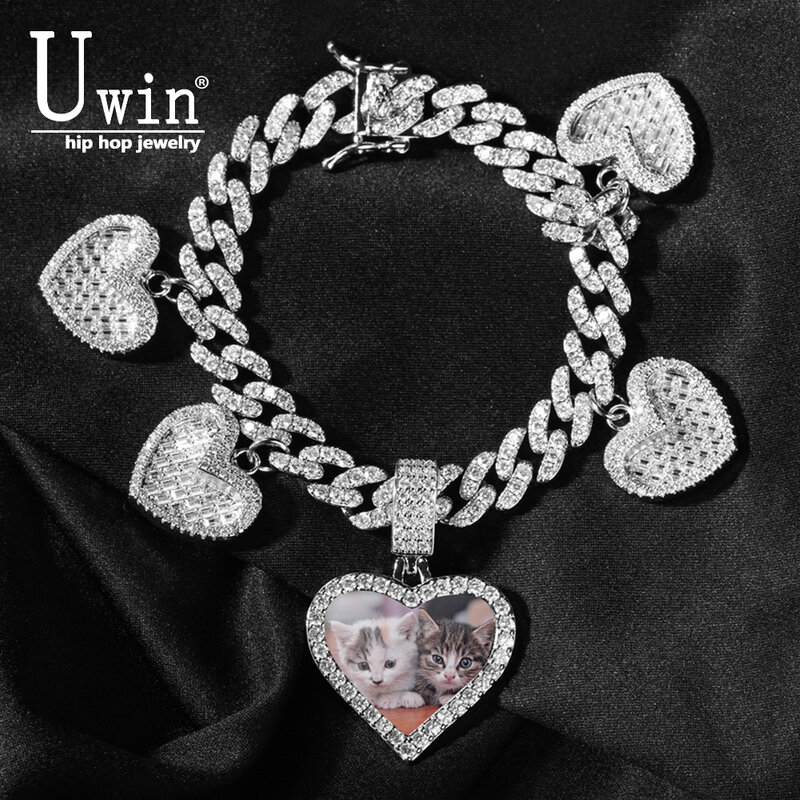 Uwin-Coração Foto Pingente Pulseira, Cadeia Cubana 9mm, 4 corações pequenos, Miami Link, Luxo Micro Pavimentada Cadeia CZ