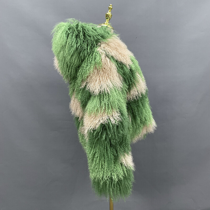 JANEFUR mantel bulu domba warna campur dengan tudung Wanita Mode 2024 hangat kustom grosir musim dingin jaket bulu domba Mongolia asli
