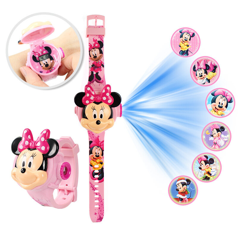 Disney Mickey นาฬิกาเด็ก3D โปรเจคเตอร์แช่แข็ง Elsa Minnie ดิจิตอลนาฬิกาเด็กของขวัญโรงเรียน Relogio Infantil