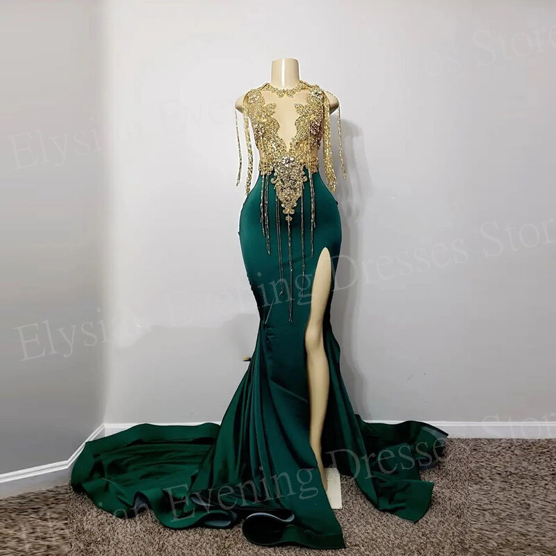 2024 modne ciemnozielone damskie syrenki nowe suknie wieczorowe frędzle aplikacje koraliki suknie na bal maturalny boczne rozcięcie szat Soirée
