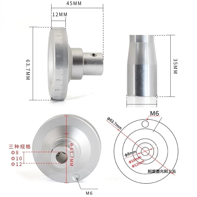 Roue à main circulaire en métal pour table market, gravure laser de tour avec poignée d'échelle, diamètre intérieur 6mm, 8mm, 10mm, 12mm