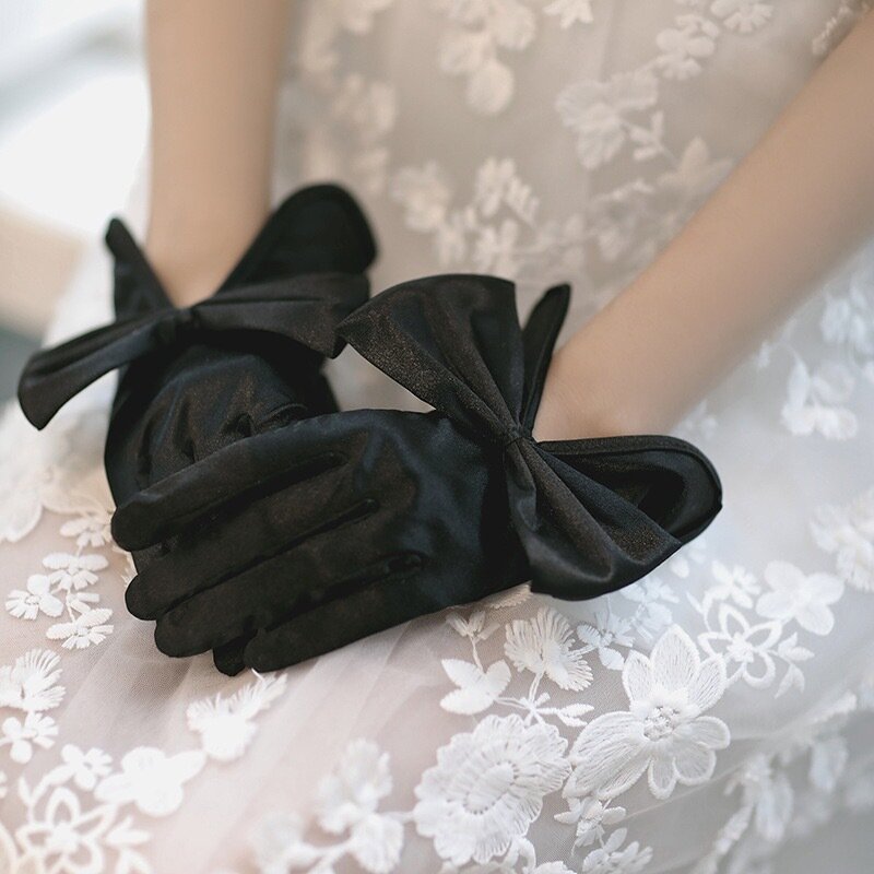Feminino curto dedos completos arco pulso elegante branco marfim cetim nupcial luvas de casamento acessórios vestido baile dança jantar t233