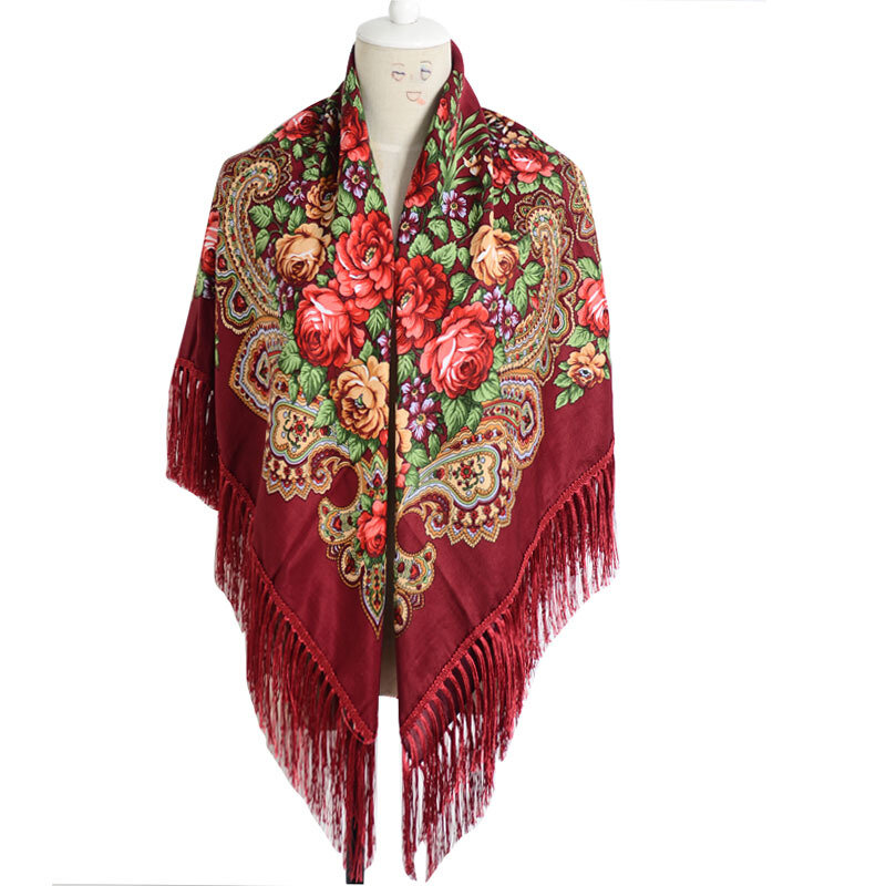 Peônia estilo russo, lenço estampado floral feminino, cachecol quadrado grande de borla longa, envoltório de algodão, étnico tradicional, xale mexicano, quente, mulheres