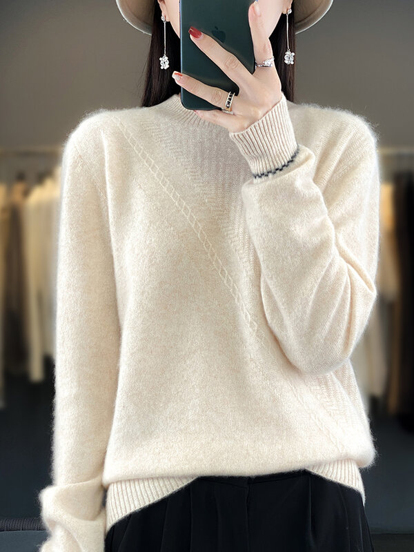 100% Merino Wool Women Sweater High-quality Soft Wool Long Sleeve Mock-Neck Pullovers Autumn Winter Warm  Female Chic Clothing