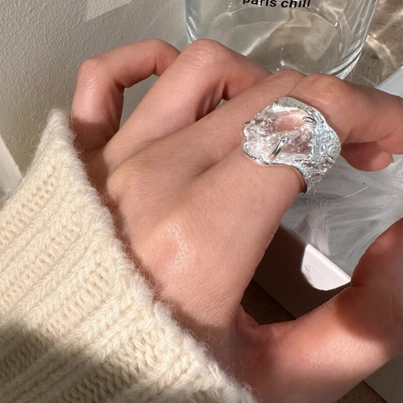 BF CLUB 925 Sterling srebrny pierścionek dla kobiet duży kamień prosty otwarty Vintage pierścionek ręcznie robiony alergia na przyjęcie prezent urodzinowy