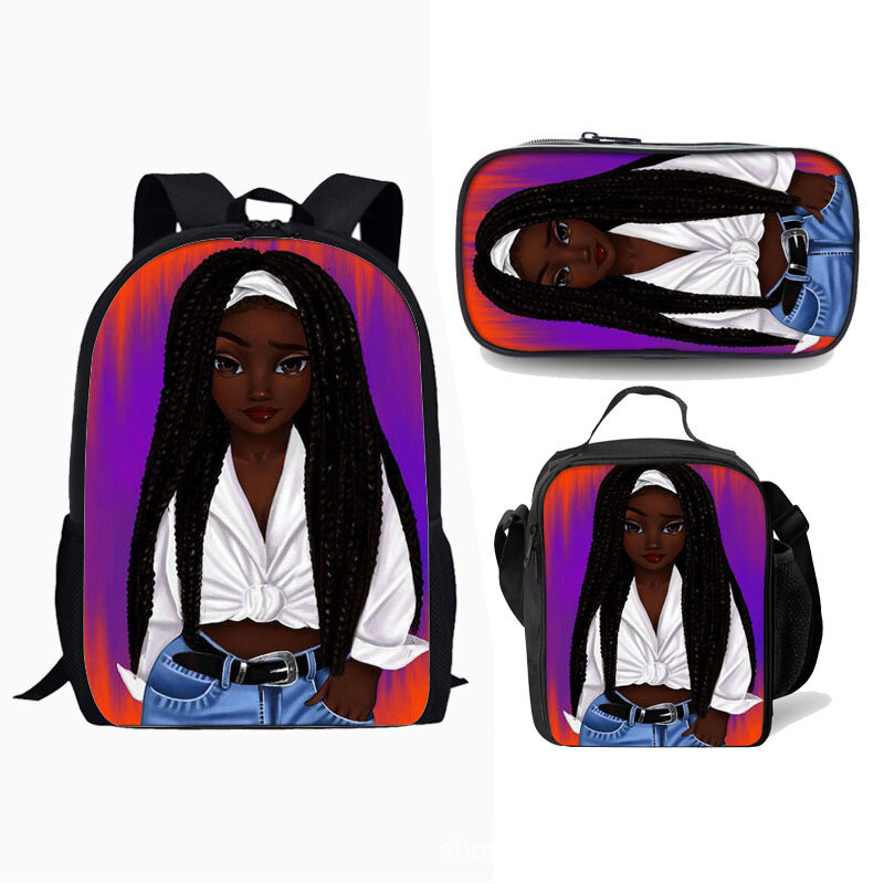 클래식 노벨티 흑인 소녀 아프리카 소녀 3D 인쇄 학생 학교 가방 노트북 데이팩 배낭 점심 가방 연필 케이스, 세트당 3 개