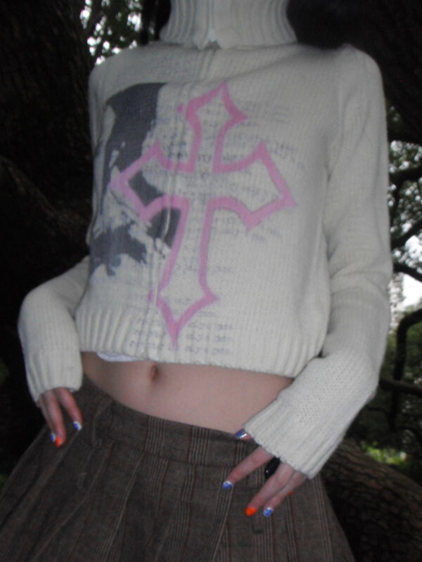 Deeptown-cárdigan corto blanco Harajuku para mujer, suéter gótico Grunge con estampado cruzado, ropa de calle Vintage, Tops de punto con cremallera, Y2K