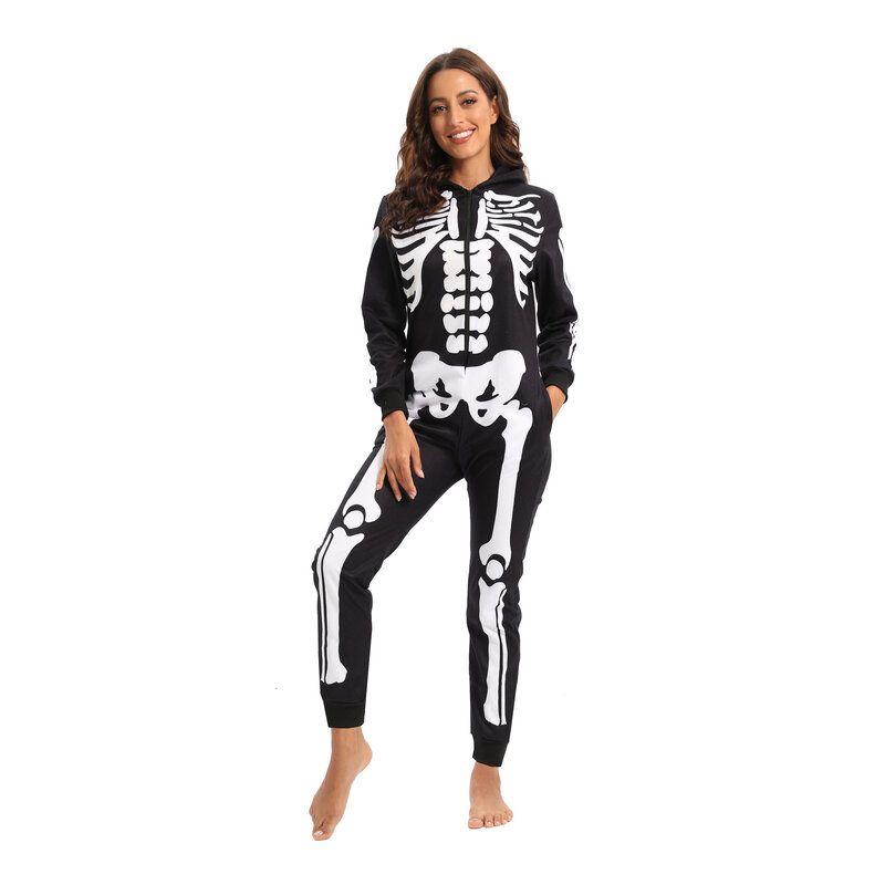 Esqueleto estampa de Halloween feminino, macacões de manga longa, pijama com capuz, pijamas adultos, preto