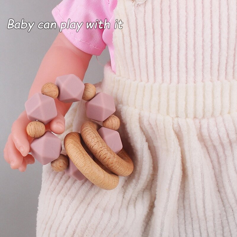Baby Teether Silicone Bracelet BPA Free Cute Teething Toy Wood Ring Teething Toy G99C