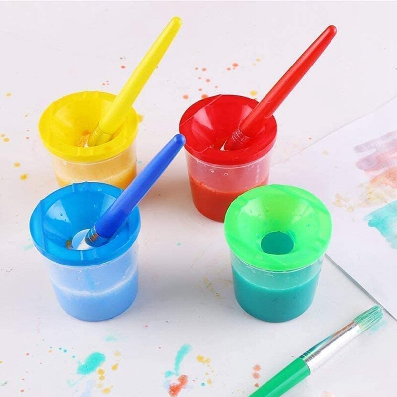 18 Stück keine verschütteten Farb becher mit Pinsel und Farb tablett palette, Farb becher mit Deckel für Kinder Kunst malerei