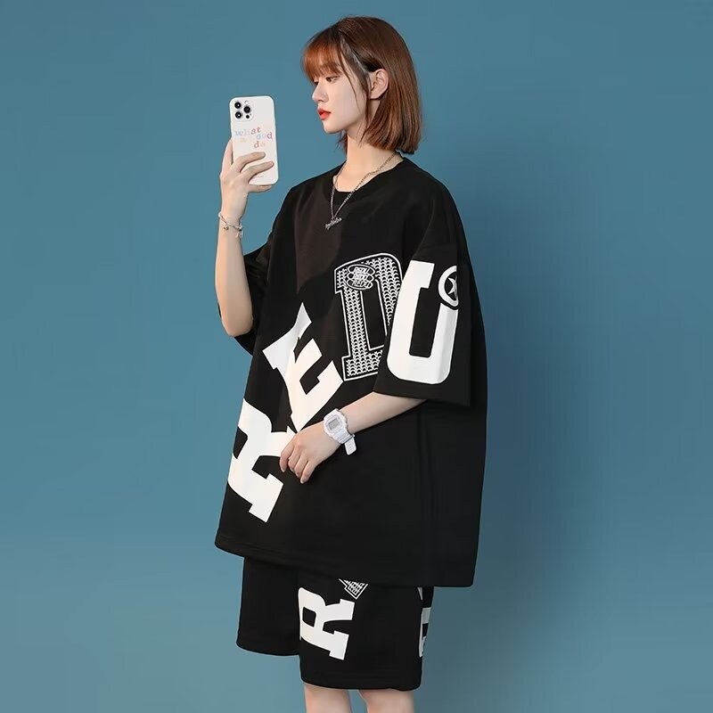 HOUZHOU Two Piece Women Tracksuit Oversized Shorts Sets Summer Korean Fashion Short Sleeve Tops Female Sports Casual Suits
