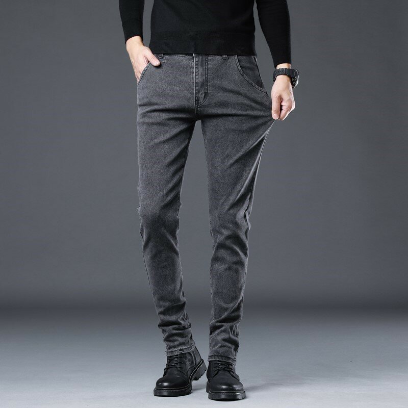 Celana Jeans kerja pria, celana Denim kasual biru hitam ramping kualitas tinggi regang harian untuk lelaki