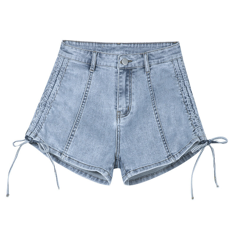 Pantaloncini di jeans stringati alla moda pantaloncini da donna Casual a vita alta con coulisse estate semplici pantaloni a trapezio solidi da donna 2023 nuovo