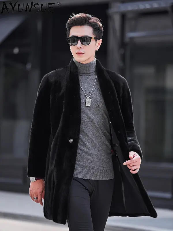 AYUNSUE-abrigo de piel de visón Natural para hombre, chaqueta de longitud media con cuello en V, a la moda, invierno, 2023