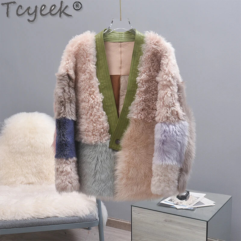 Tcyeek-Casacos de inverno femininos, casaco quente, lã de cordeiro, casaco de pele, contraste, roupa feminina, moda, Lq