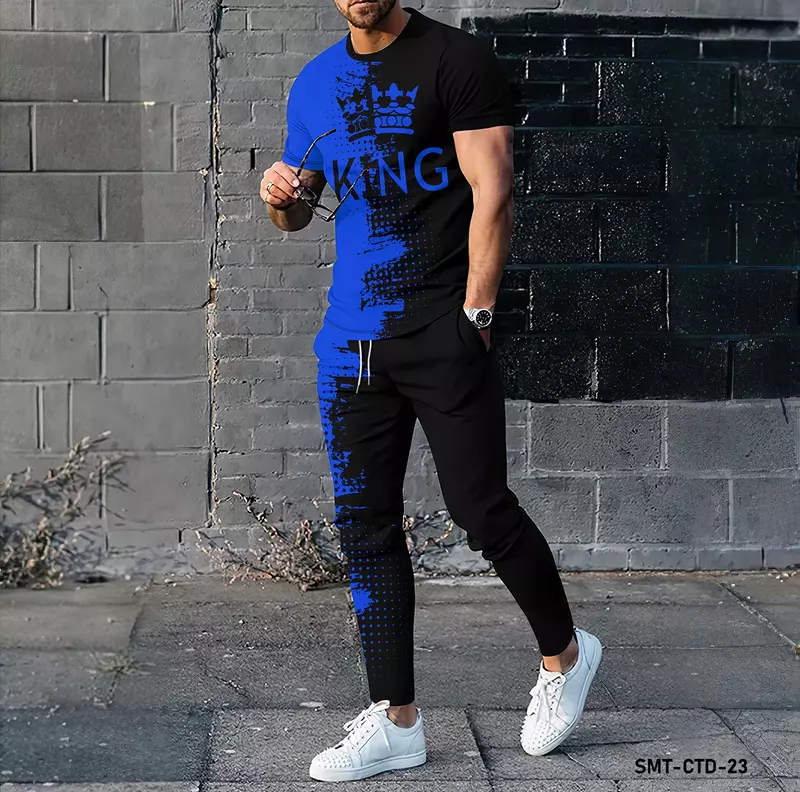 Summer men's sportswear set with 3D letter patterns fashionable short sleeved T-shirt long pants set men's jogging clothingset