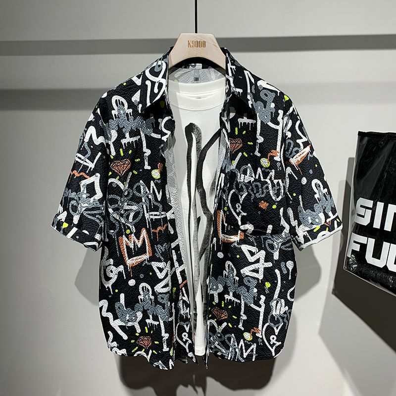 Camisa elegante de manga curta Harajuku, Slim Fit, casual solta Sport All Match Tops, botão estampado com pescoço quadrado, homens