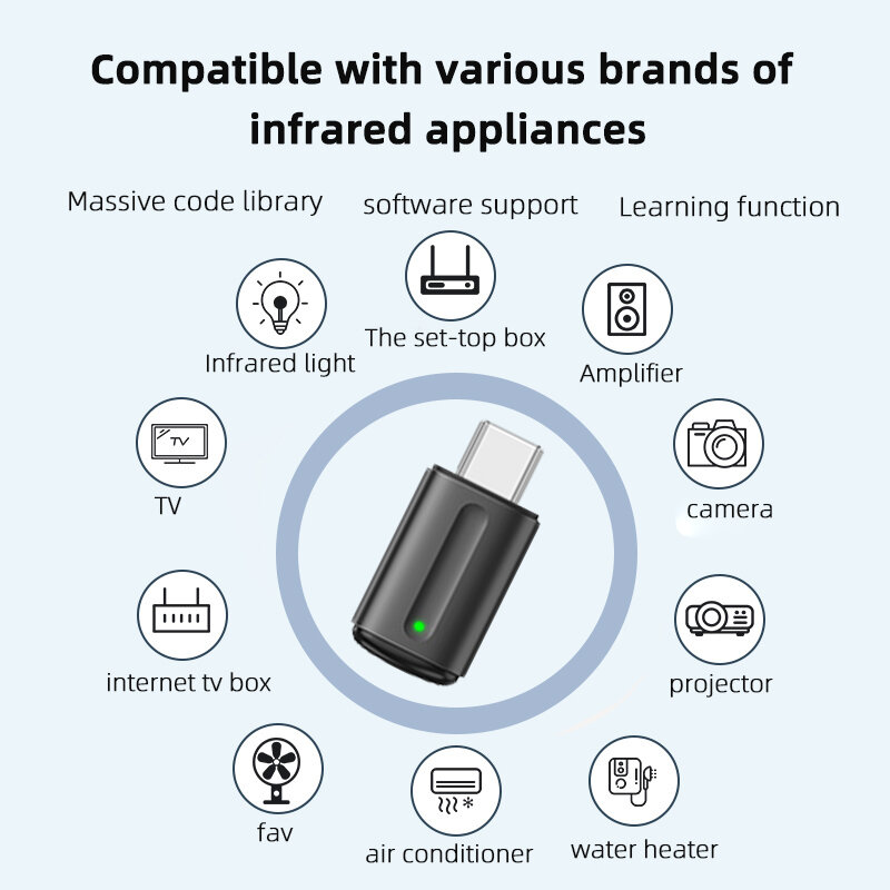 Adaptor kontrol jarak jauh IR, HP pintar Tipe C Lightning mikro aplikasi inframerah pintar Universal untuk peralatan AC