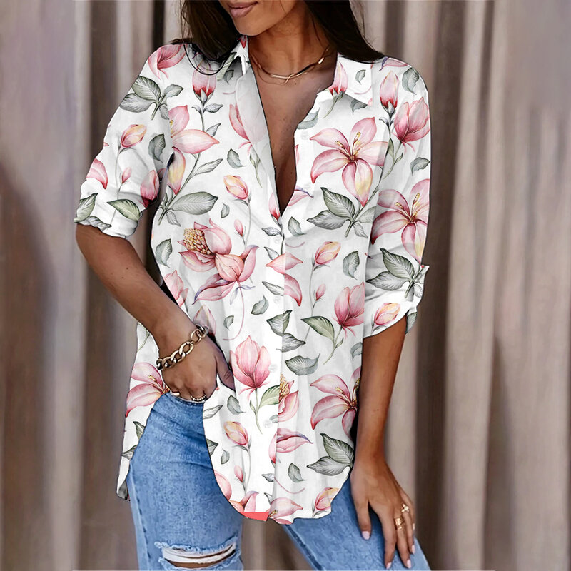 Camisa de botão floral simples e fresca, camisa de manga comprida, fina, versátil, férias diárias, casual, elegante
