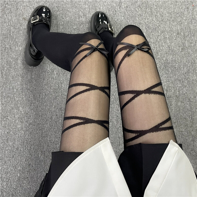 Lolita meias fofas com correias bowknot para mulheres, calças justas longas, meias para meninas, preto e branco, lingerie sexy para mulher, lingerie feminina