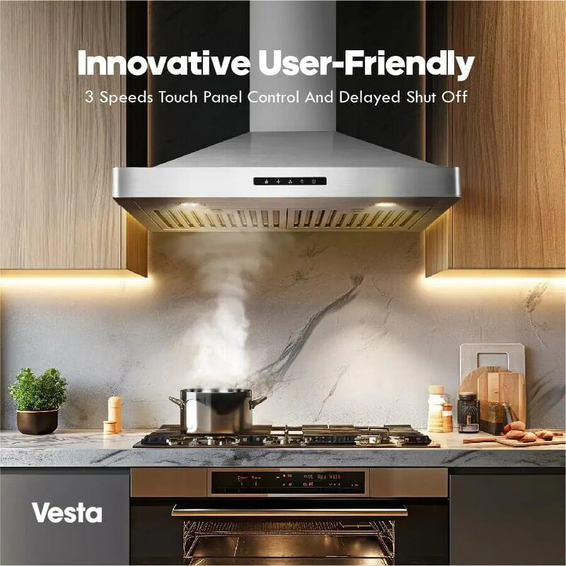 VESTA Milan-غطاء مجموعة من الفولاذ المقاوم للصدأ مثبت على الحائط ، مصابيح LED ، شاشة تعمل باللمس ، حواف أمامية مستديرة ، 800CFM ، طراز الأوروبي ، 30 بوصة